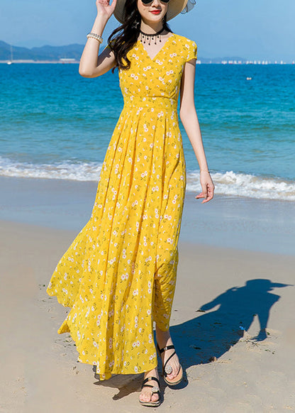 Modern Yellow V Neck Print Chiffon Long Dress Short Sleeve Ly1702