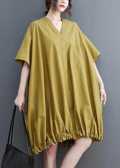 Modern Yellow V Neck Wrinkled Button Maxi Dresses Short Sleeve Ac2059