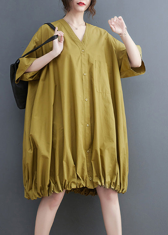 Modern Yellow V Neck Wrinkled Button Maxi Dresses Short Sleeve Ac2059