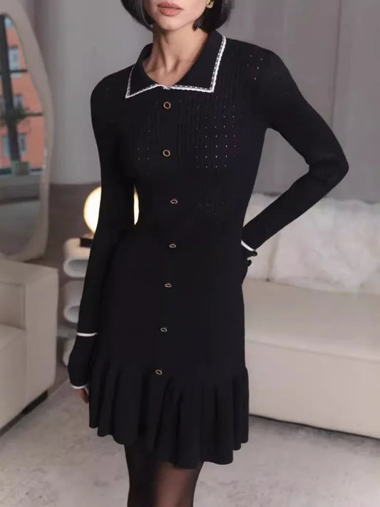 Autumn Long Sleeve Knit Dress for Lapel Single-btrasted Button High Waist Ruffled Mini Dress Knitwear