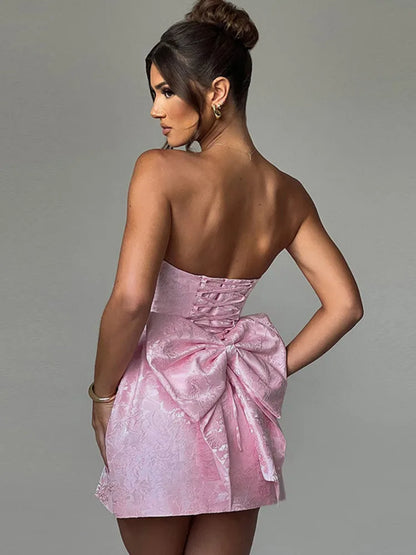 Backless Bow Mini Dress for Off-shoulder Strapless Sleeveless Bodycon Club Party Dress