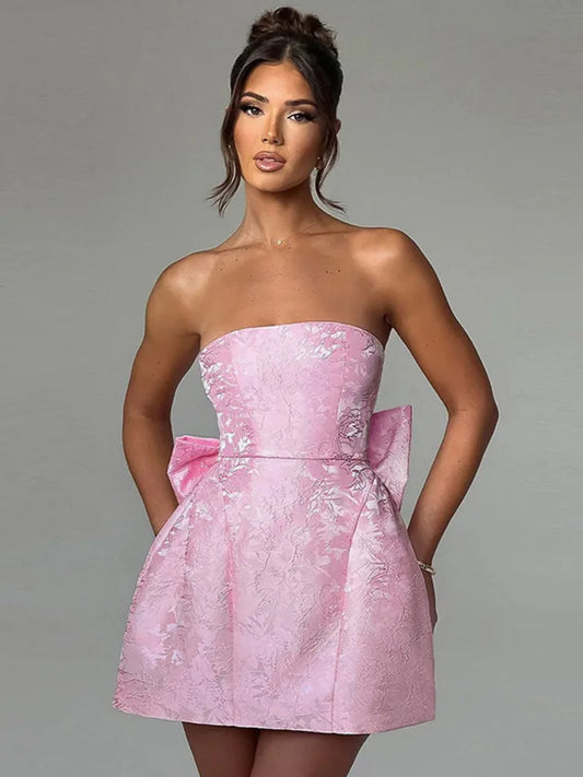 Backless Bow Mini Dress for Off-shoulder Strapless Sleeveless Bodycon Club Party Dress