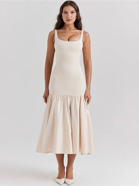 Backless Maxi Fishtail Dress for Gown Square Collar Sleeveless Loose Pleated Long Dress Dresses