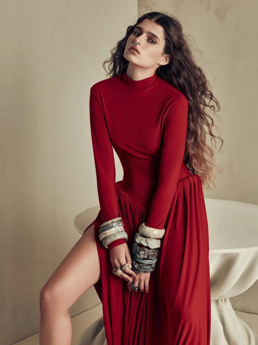 Backless O-neck Pleated Thigh Slit Long Sleeveless Autumn Winter Red Maxi Dress for High Waist Slim Dress