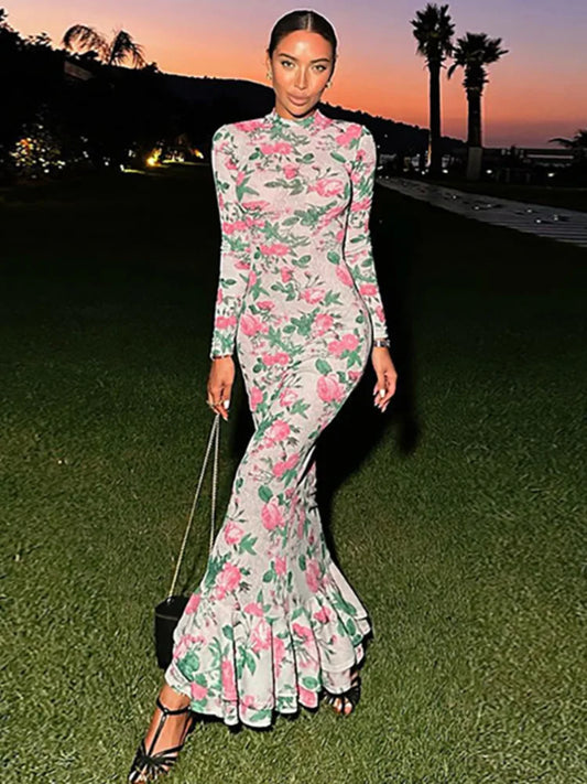 Bodycon Long Sleeve Half High Collar Print Zipper Maxi Dress Slim High Waist Dress Outfits