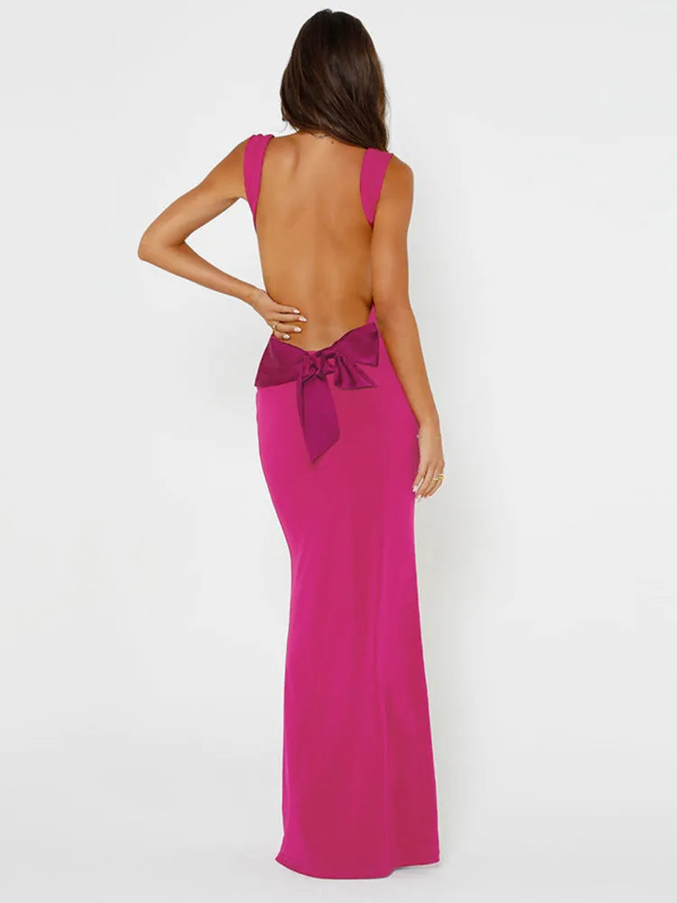 Bow Backless Bodycon Maxi Dress for V Neck Sleeveless Backless Club Party Long Dress New