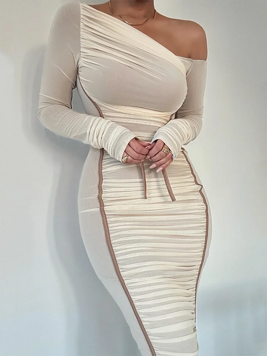 Diagonal Collar Long Sleeve Midi Dress for Two Layer Mesh Backless Ruched Bodycon Club Party Long Dress
