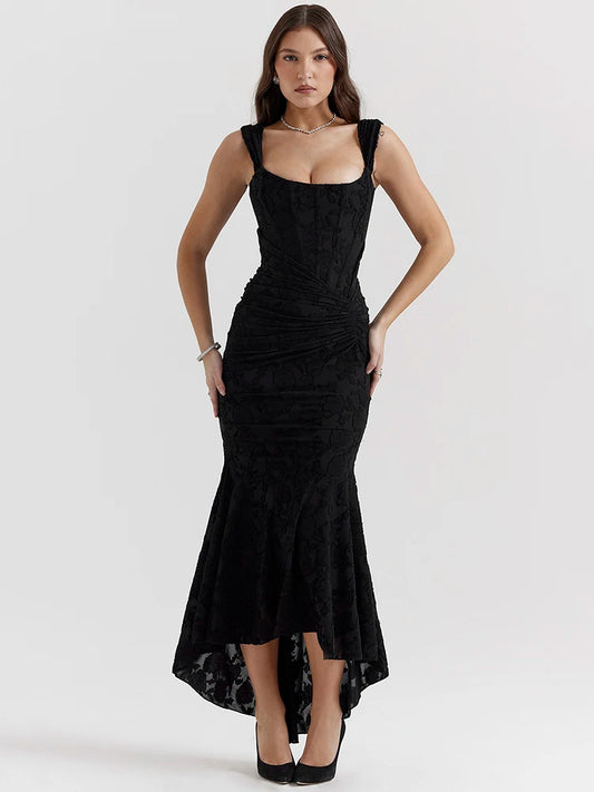 Backless Pleated Maxi Dress for Off-shoulder Spaghetti Strap Sleeveless Bodycon Club Party Dress