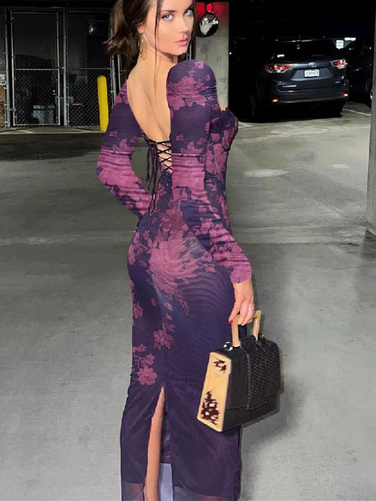 Backless Print Maxi Dress for Autumn Winter New Square Collar Long Sleeve Bodycon Club Party Dress
