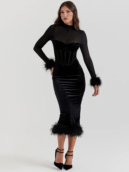 Feather Midi Dress for Black Sheer Long Sleeve Backless Bodycon Club Party Long Dress
