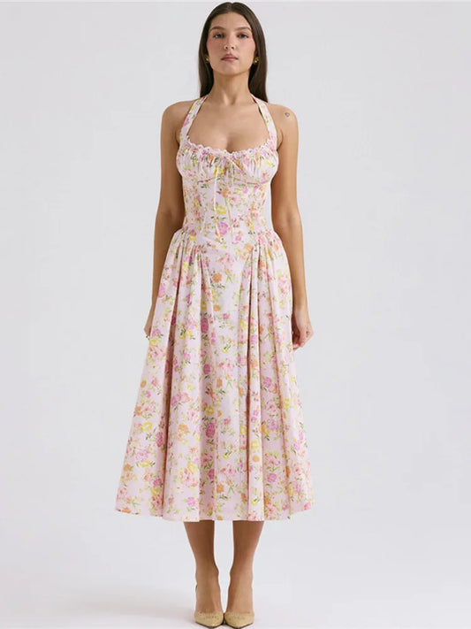 Print A-line Midi Dress for Halter Sleeveless Backless Loose Printed Long Dress New