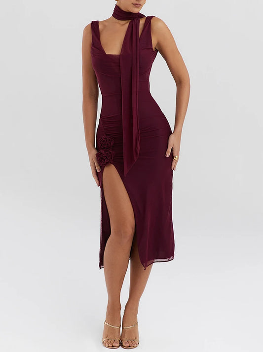 Flower High Split Midi Dress for Two Layer Mesh Sleeveless Backless Bodycon Club Dress Party Outfits