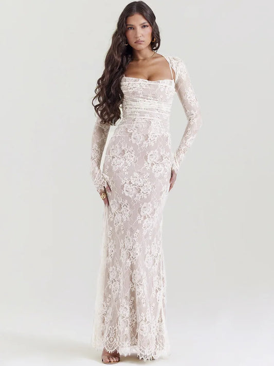 Lace Print Maxi Dress Set Spaghetti Strap Long Sleeve Bodycon Club Party Long Dress