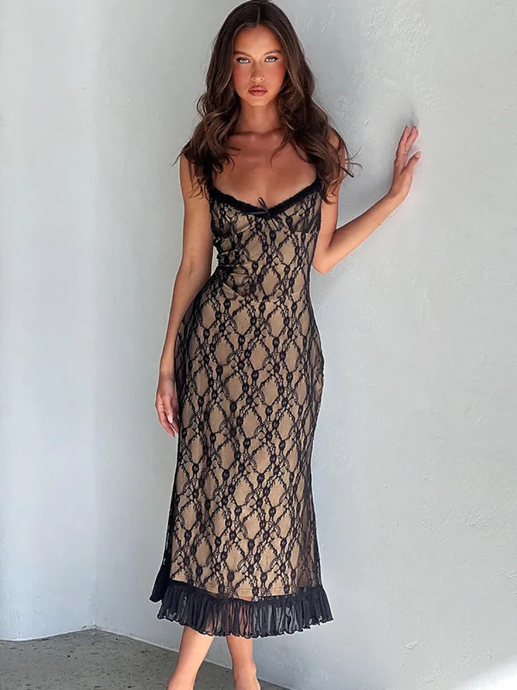 Lace Print Maxi Dress for Spaghetti Strap Sleeveless Backless Bodycon Club Party Long Dress