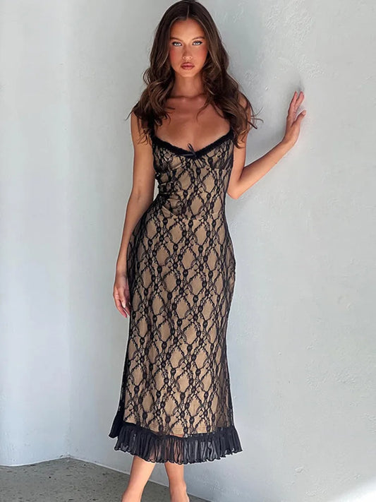 Lace Print Maxi Dress for Spaghetti Strap Sleeveless Backless Bodycon Club Party Long Dress