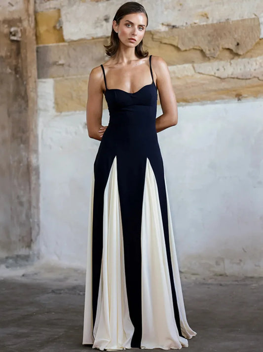 Patchwork Spaghetti Strap Long Dress for Sleeveless Backless Evening Maxi Dress