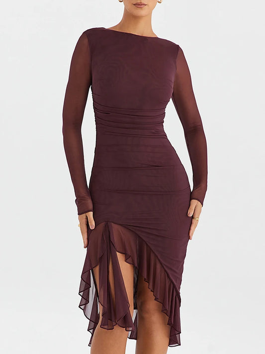 Ruffle Ruched Midi Dress for Robe Sheer Long Sleeve Backless Irregular Club Party Dress Vestido
