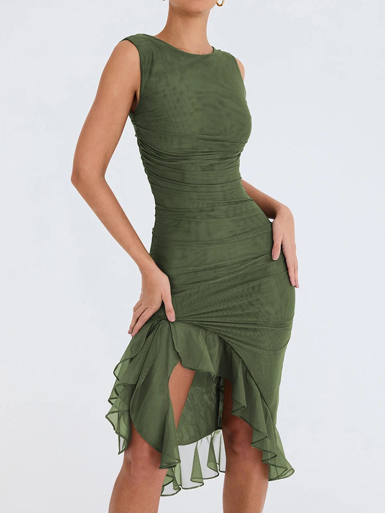 Ruffle Ruched Midi Dress for Robe Summer New Backless Sleeveless Irregular Club Party Dress Vestido