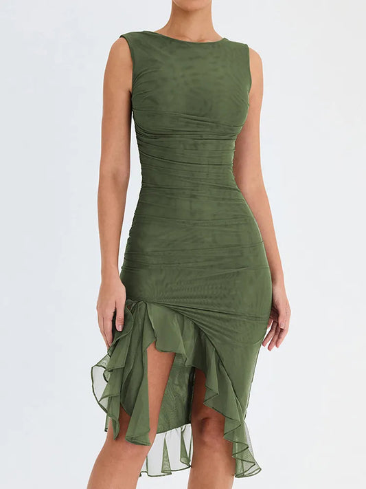 Mozision Irregular Backless Ruffle Midi Dress