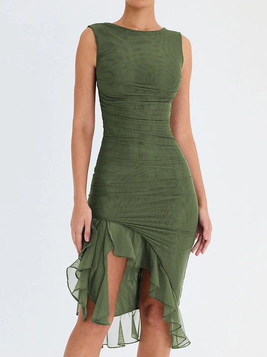 Ruffle Ruched Midi Dress for Robe Summer New Backless Sleeveless Irregular Club Party Dress Vestido