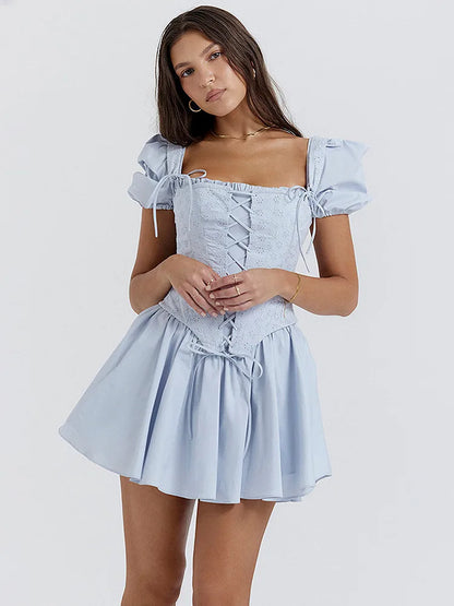 Short Puff Sleeve Mini Dress Square Collar Backless A-line Pleated Club Party Dress
