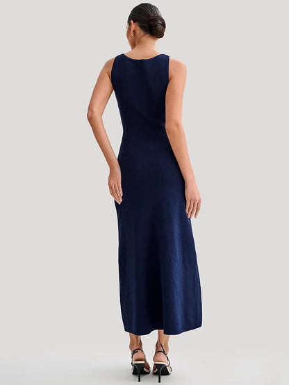 Sleeveless Buttoned Maxi Dress for Round Two Pocket Slim Knit Long Dress Knitwear New