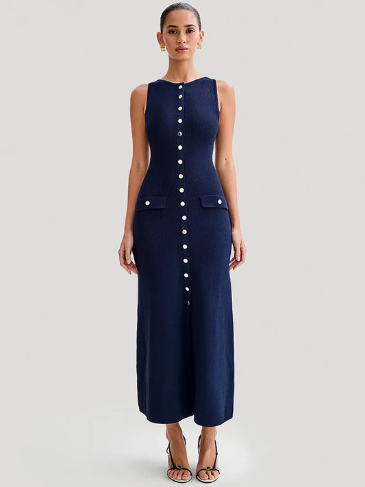 Sleeveless Buttoned Maxi Dress for Round Two Pocket Slim Knit Long Dress Knitwear New