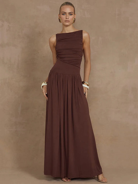Sleeveless Maxi Dress for Boat Neck Tank Dresses Ruched Long Dress New Gown