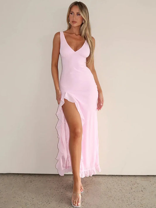 Sleeveless Ruffles Long Dress for Summer New Deep V Neck Backless Thigh High Split Maxi Dress