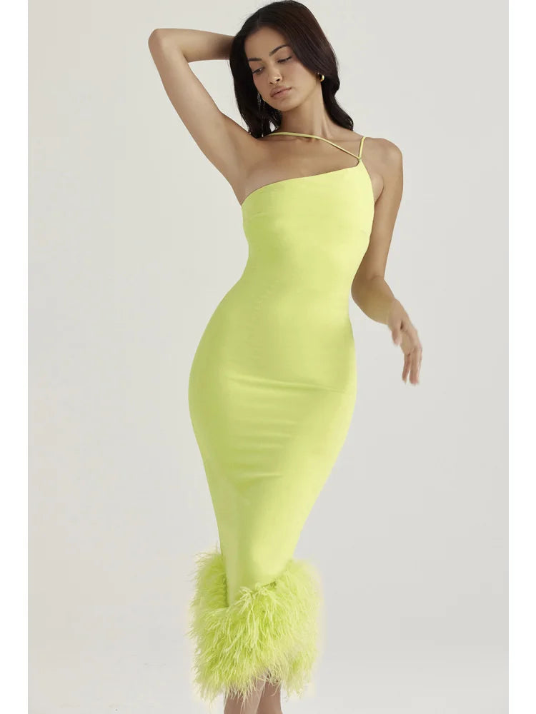Spaghetti Strap Feather Midi Dress for Robe Backless Bodycon Club Party Dress Vestido
