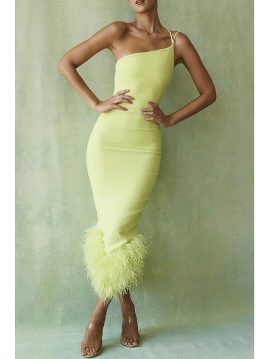 Spaghetti Strap Feather Midi Dress for Robe Backless Bodycon Club Party Dress Vestido