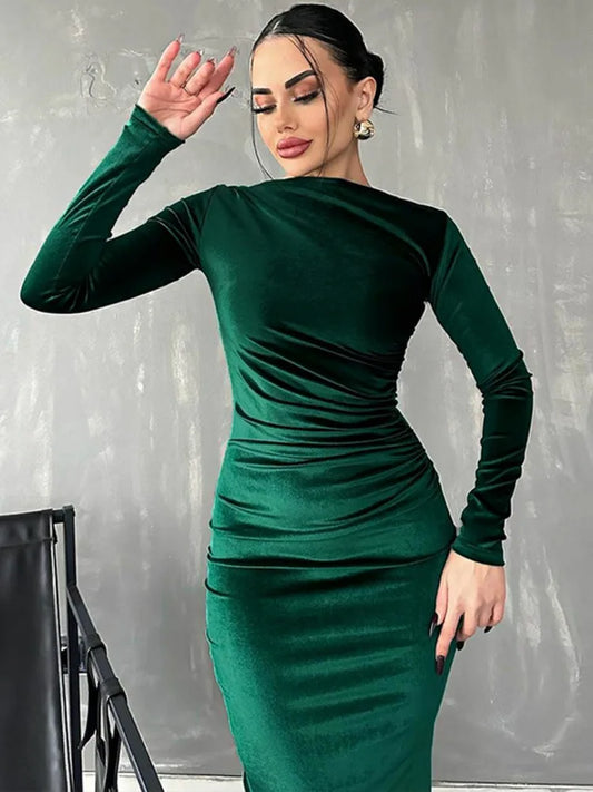 Velvet Long Sleeve Maxi Dress for Autumn Winter New O Neck Bodycon Club Party Long Dress