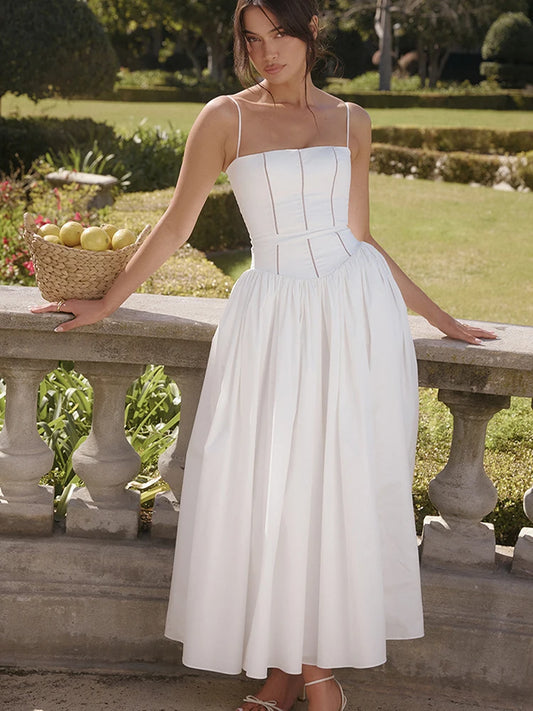 White Sundress Spaghetti Strap Backless Midi Dress for Sleeveless A-line Loose Long Dress New
