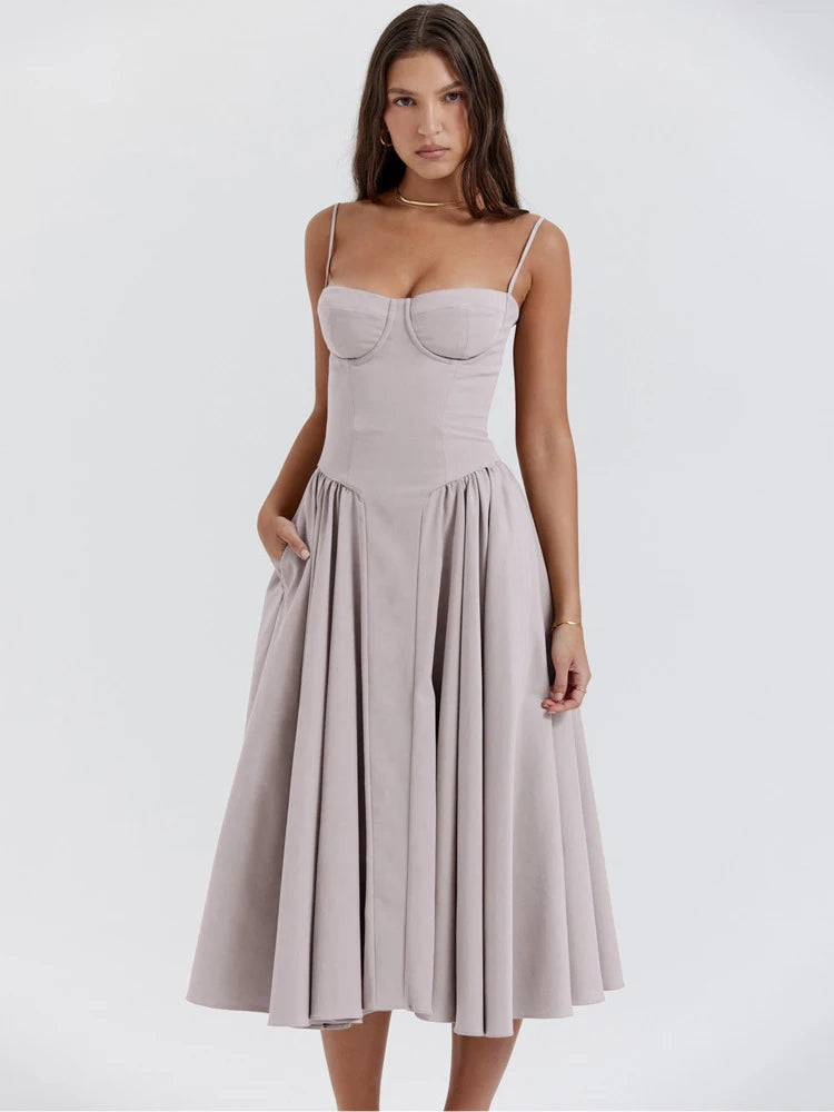 Dress Spaghetti Strap A-line Loose Midi Dresses Female Sleeveless Backless French Retro Long Dress