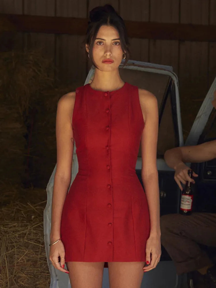 Sleeveless Mini Dress for New O Neck Single-btrasted Bodycon Club Party Tank Dress Femme Clothes
