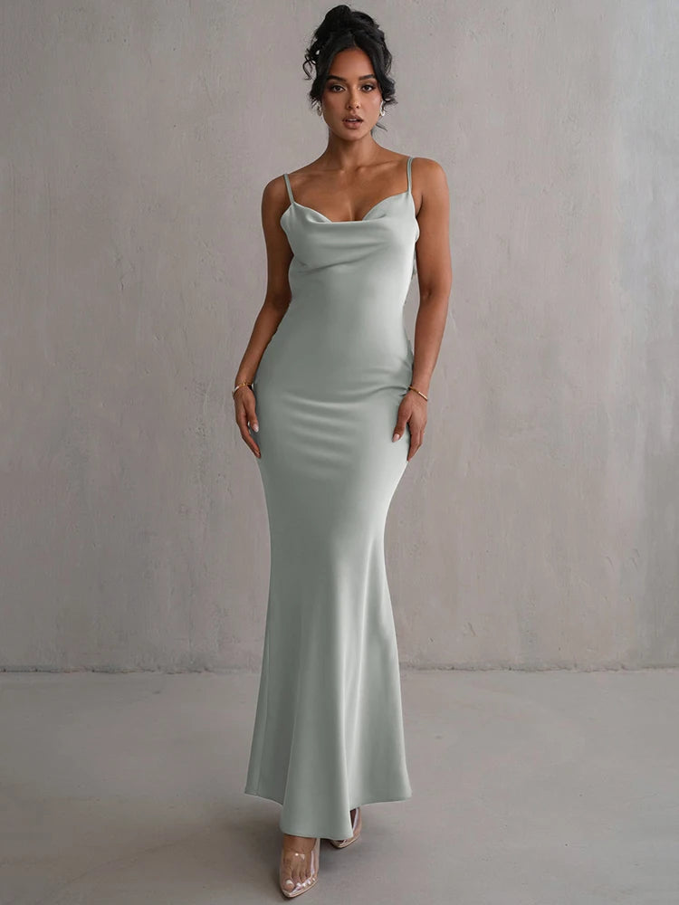 Draped Backless Maxi Long Dress for Spaghetti Strap Sleeveless Bodycon Evening Party Dress