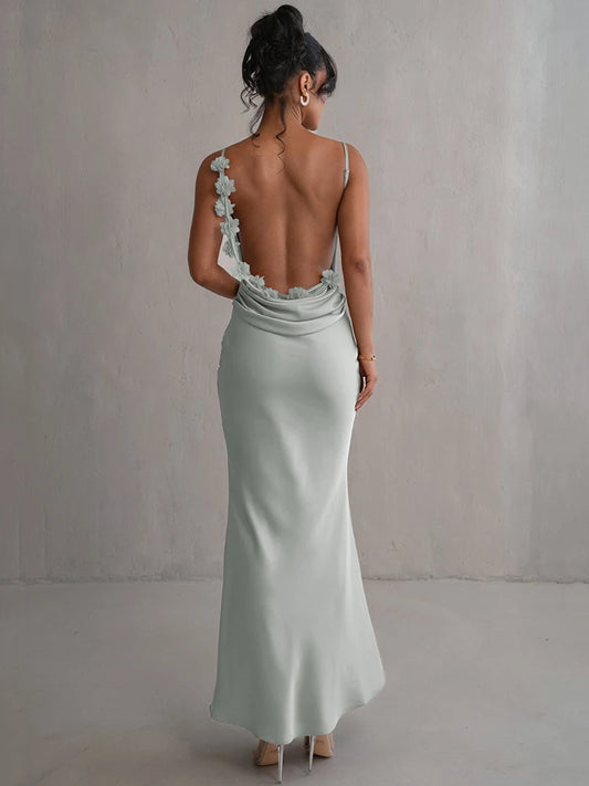 Draped Backless Maxi Long Dress for Spaghetti Strap Sleeveless Bodycon Evening Party Dress