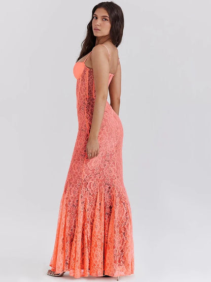 Lace Maxi Dress for Orange Spaghetti Strap Sleeveless Backless Bodycon Club Party Long Dress