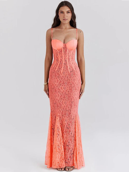 Lace Maxi Dress for Orange Spaghetti Strap Sleeveless Backless Bodycon Club Party Long Dress