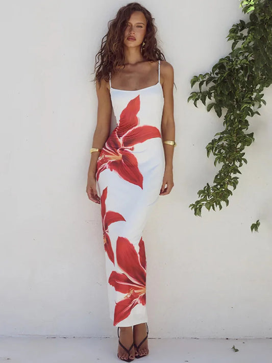 Floreal Print Long Dress for Gown Summer New Spaghetti Strap Sleeveless Backless Bodycon Midi Dress