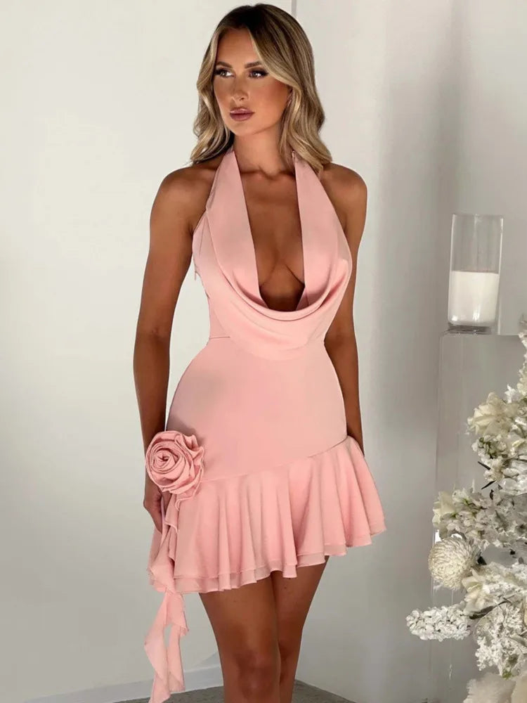 Halter 3d Flower Backless Mini Dress for V Neck Sleeveless Ruffls Club Party Dress