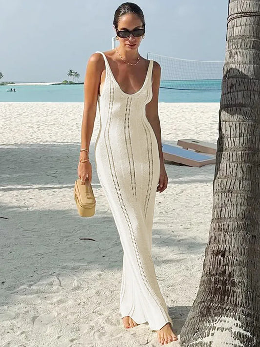 Hollow Out Knit Long Dress for Summer New Color V Neck Sleeveless Backless Bodycon Maxi Dress New