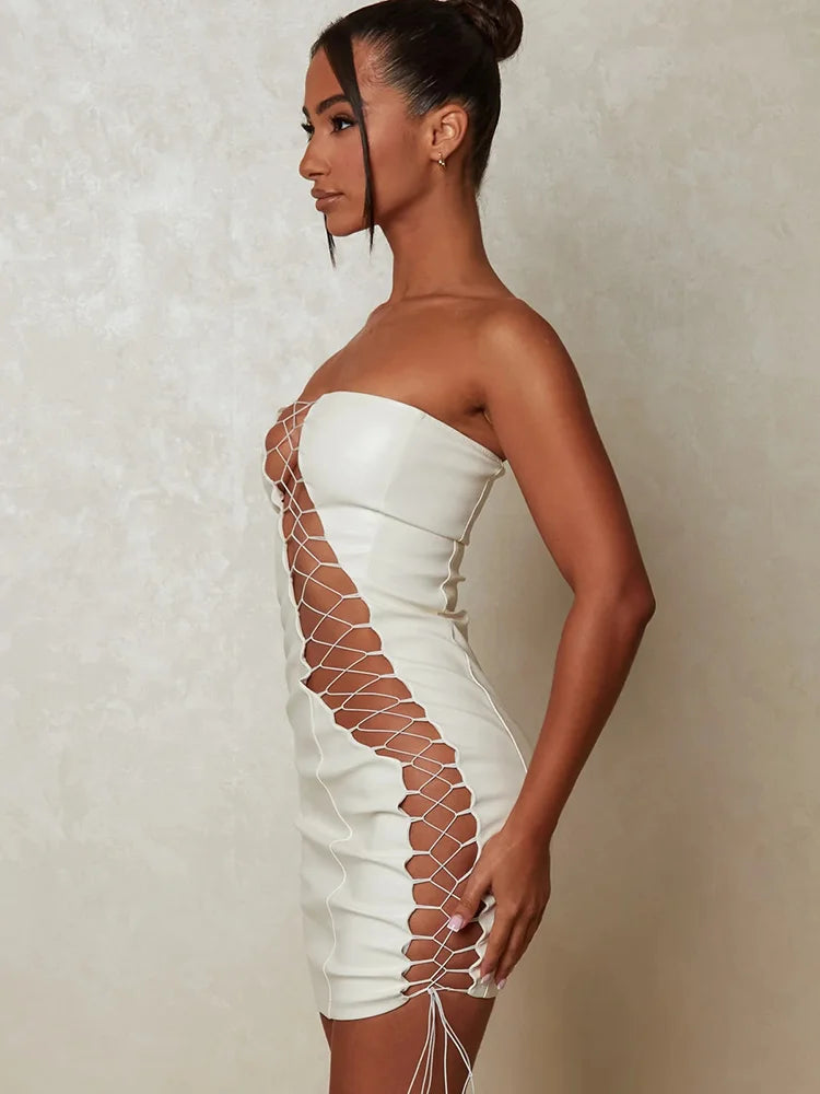 Pu Leather Strapless Sleeveless Mini Dress Cut Out Dresses