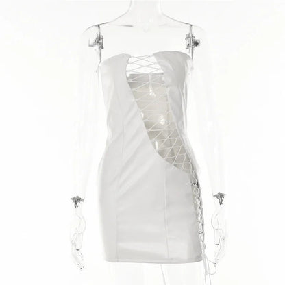 Pu Leather Strapless Sleeveless Mini Dress Cut Out Dresses