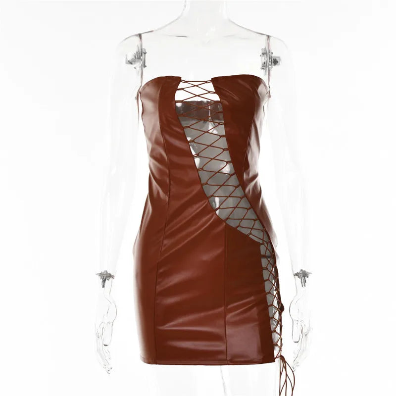 Pu Leather Strapless Sleeveless Mini Dress Cut Out Dresses