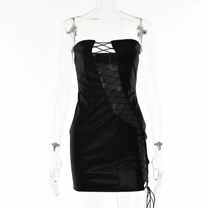 Pu Leather Strapless Sleeveless Mini Dress Cut Out Dresses