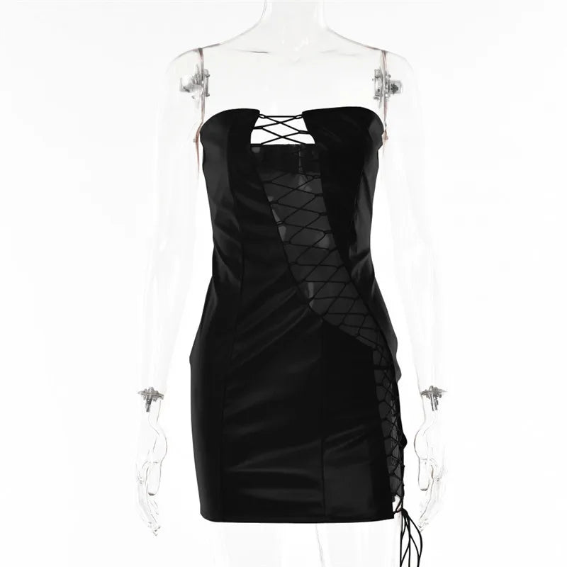 Pu Leather Strapless Sleeveless Mini Dress Cut Out Dresses