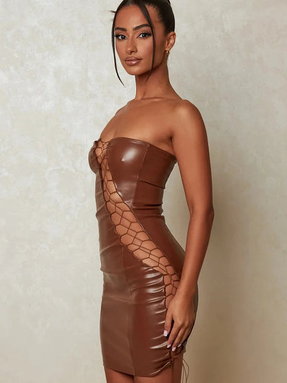 Pu Leather Strapless Sleeveless Mini Dress Cut Out Dresses