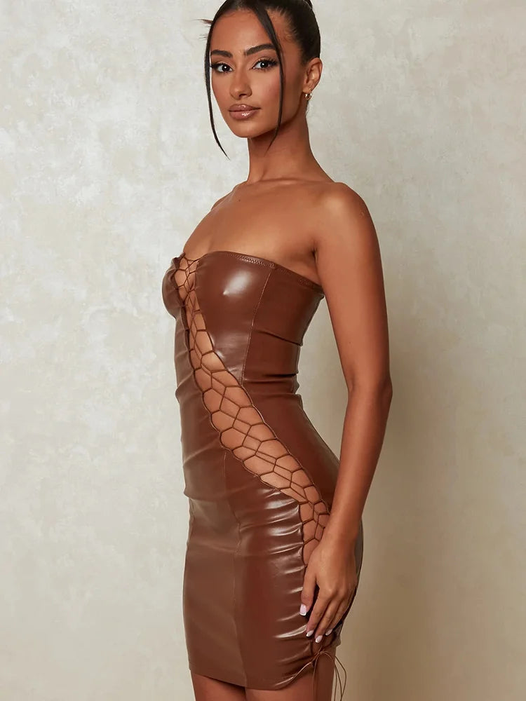 Pu Leather Strapless Sleeveless Mini Dress Cut Out Dresses