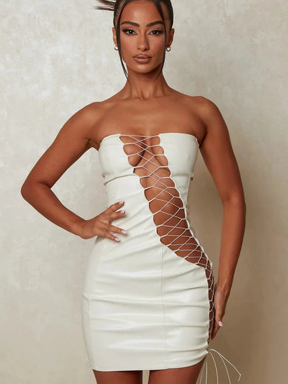 Pu Leather Strapless Sleeveless Mini Dress Cut Out Dresses